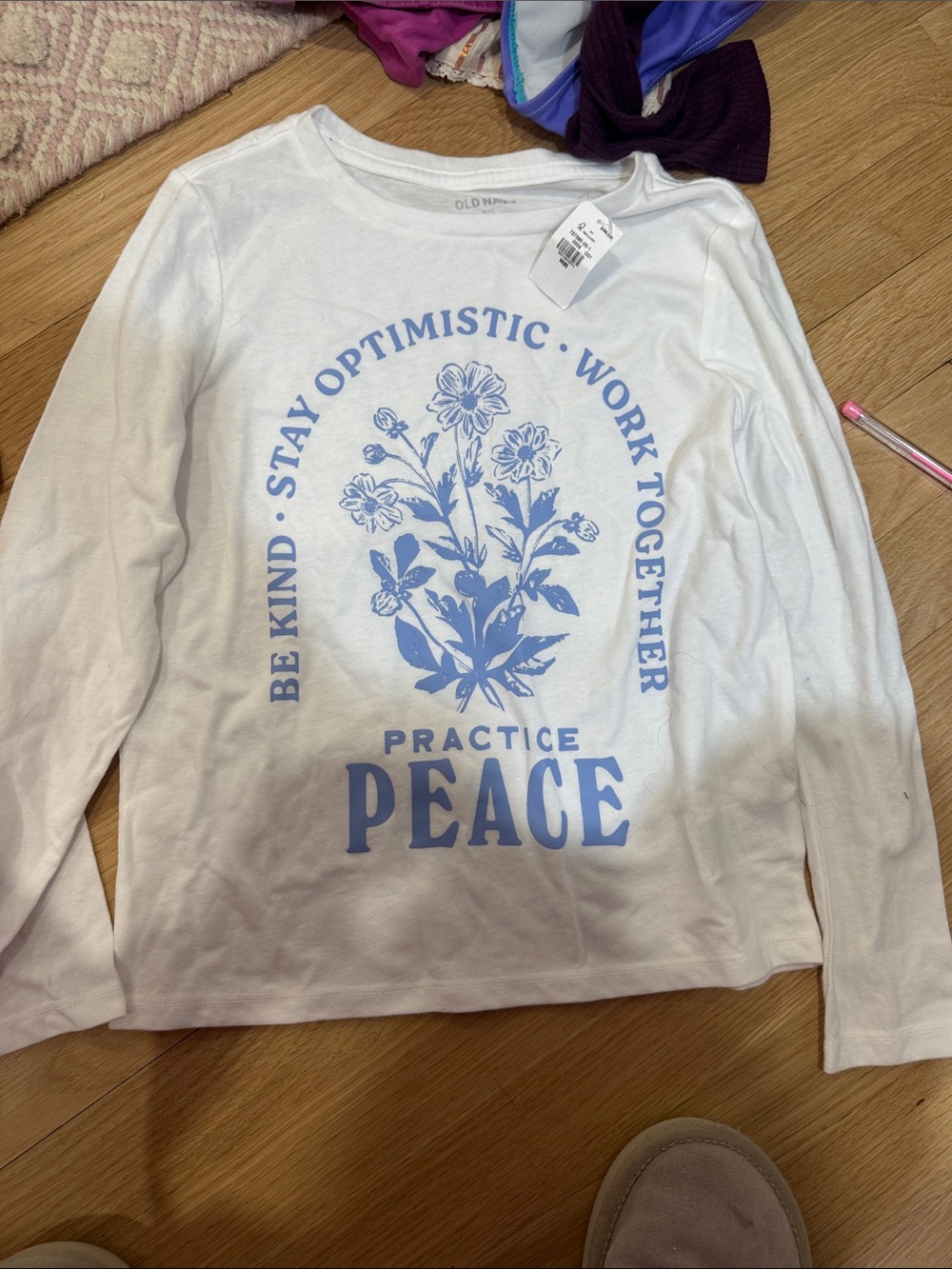 Old Navy White Long Sleeve Tee with Light Blue Floral 'Practice Peace' Graphic